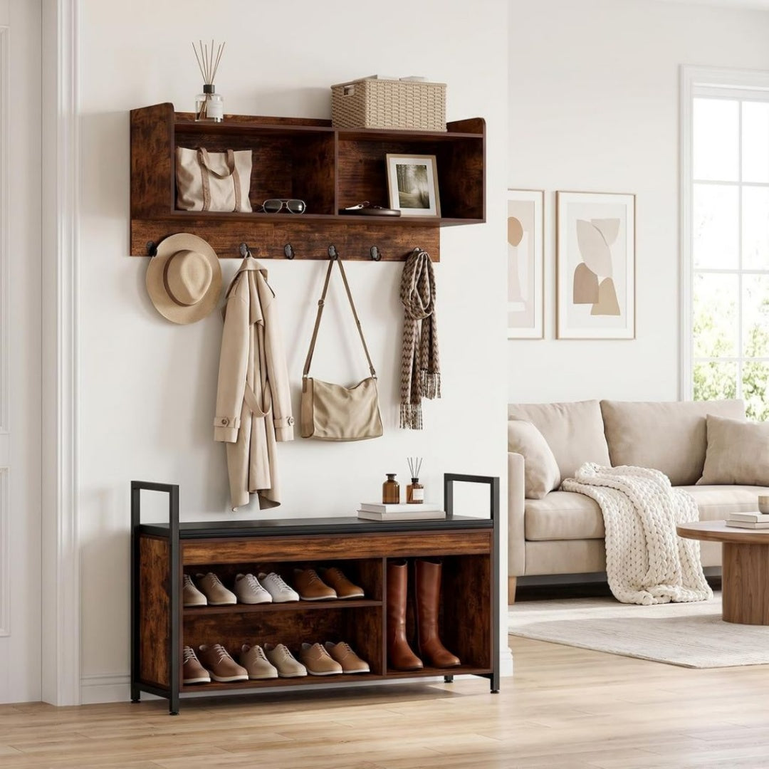 Meuble d'entree 6 en 1] Ce meuble d'entree avec banc reunit porte-manteau: etagere en Metal